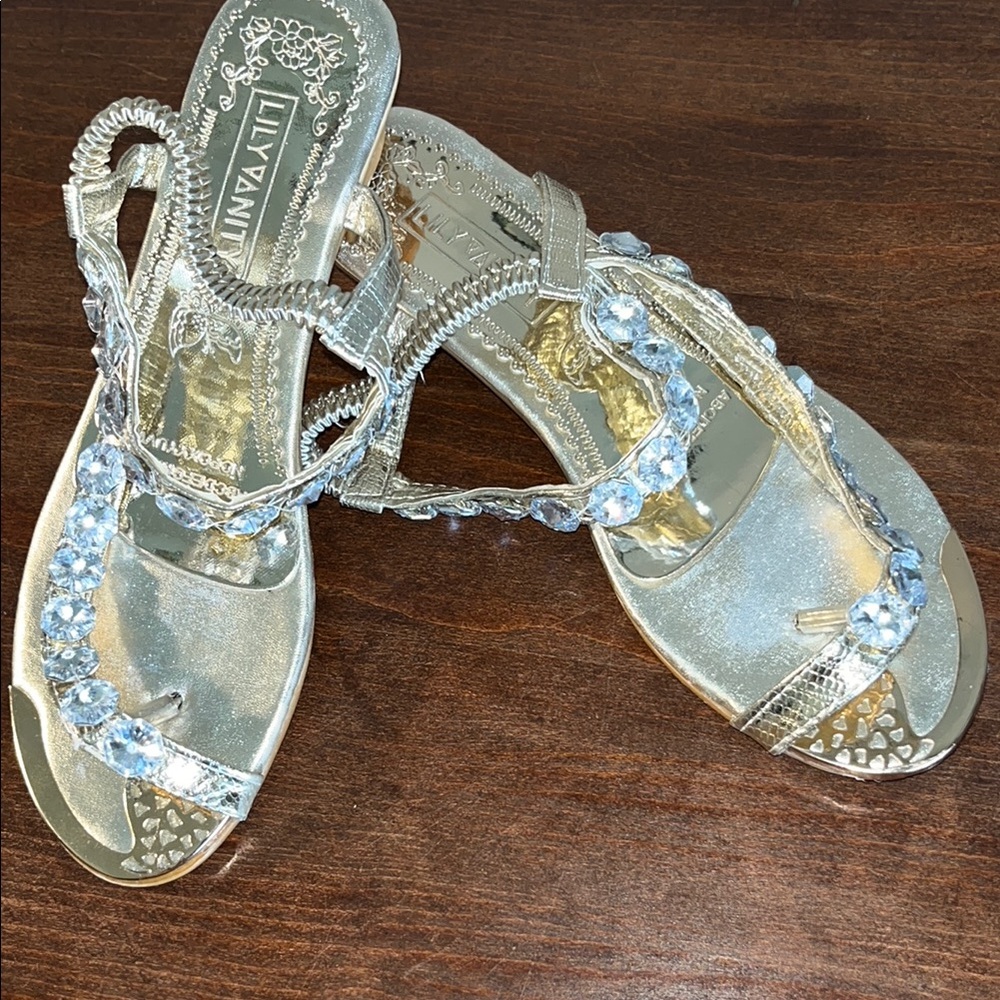Lily Vanity Gold and Rhinestones Elegant Low Wedge Sandals